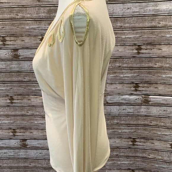 🔥🔥SALE🔥🔥BCBGIRLS Tan & Gold Cold Shoulder Top - Picture 4 of 8